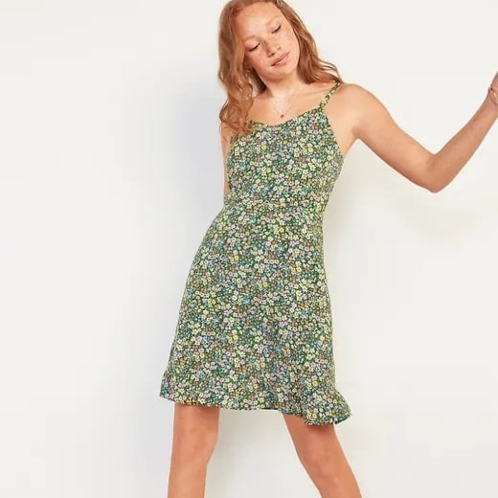 Old Navy Green Floral Print Ruffle Hem Summer Spring Cami Dress M